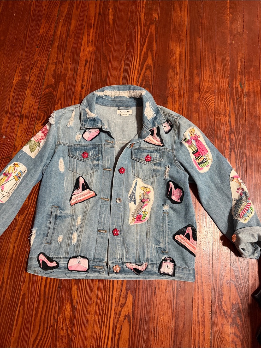 Ci Sono Light Blue Denim Jacket with Pink Patch Motifs